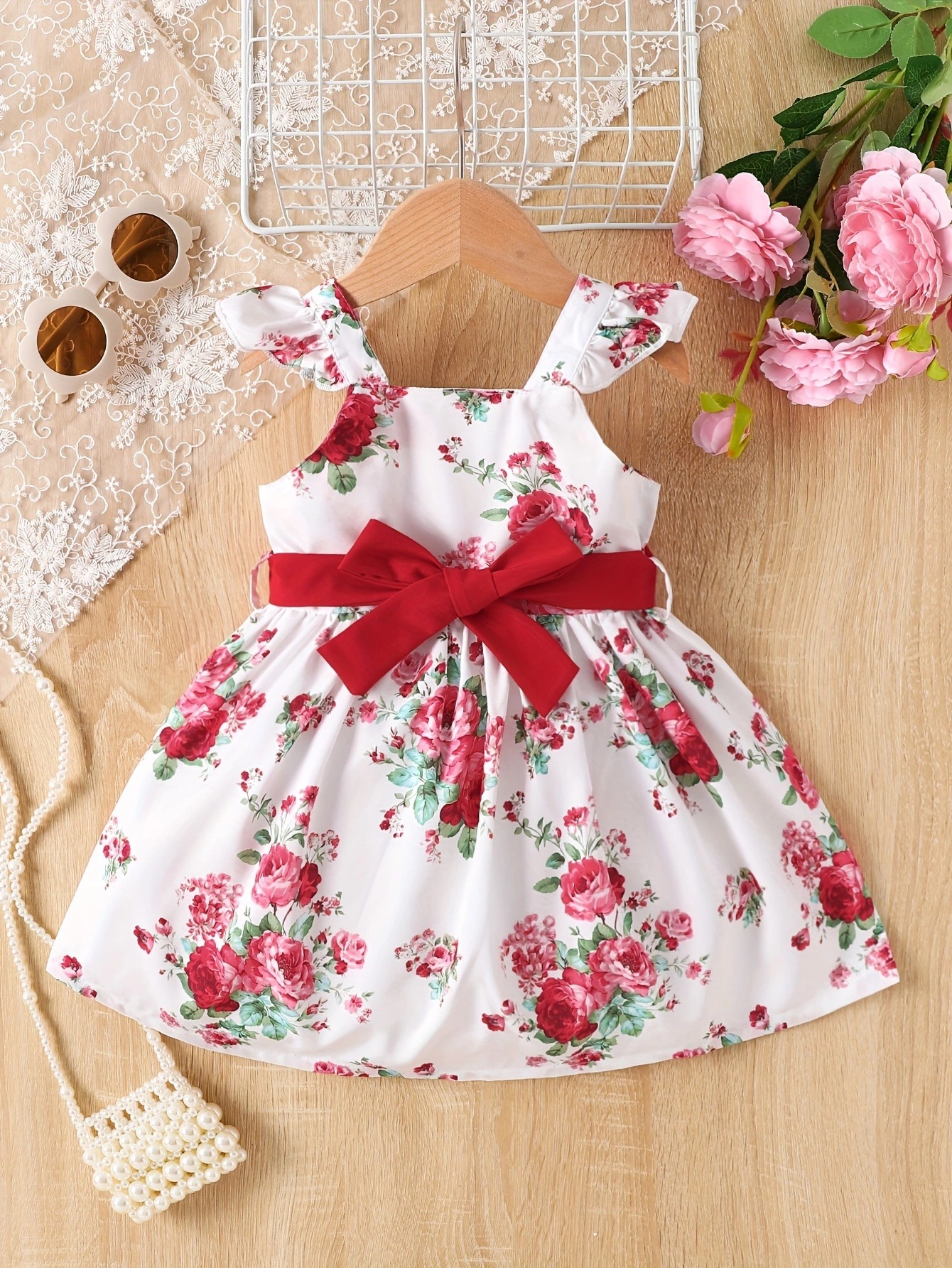 Baby Girl Baby Summer Flower Print Bow Lace Sleeves Sweet Dress