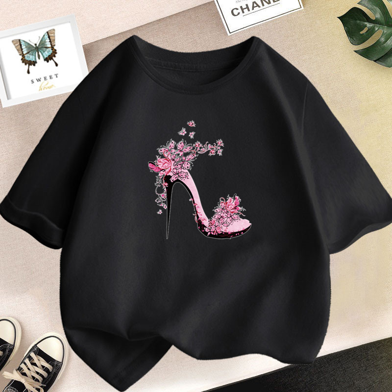 Fashion Girls Tshirt Butterfly High Heel Shoes Pink T Shirt Tops Print Tshirt 2023 Summer Short Sleeve Tee Shirt