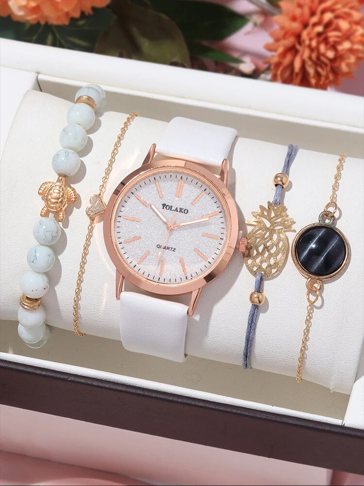5pcs Fashion Versatile Starry Sky Women's Belt Quartz Watch with Bracelet Combination Set