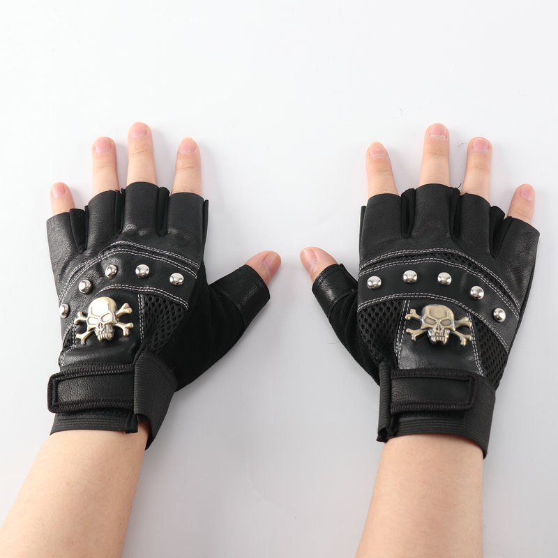 Pu Half-finger Leather Gloves Men's Four Seasons Mountaineering Riding Tactics Personality Skull Rivet Fitness Protective Gloves