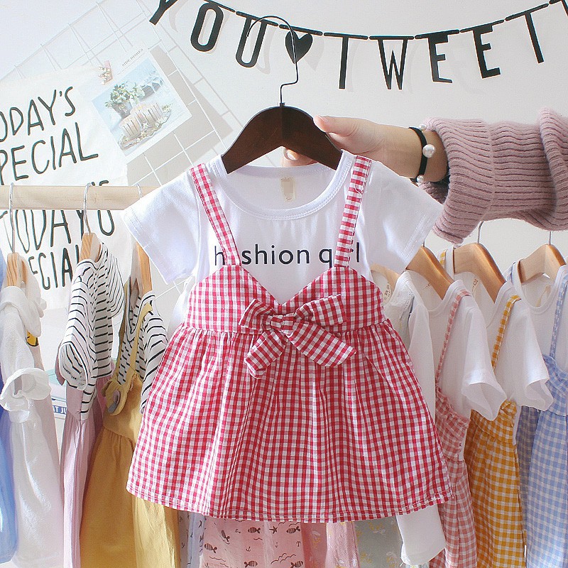 Girls' Summer Dress Spliced Two Piece Checkered Skirt Baby Decoration Princess Dress